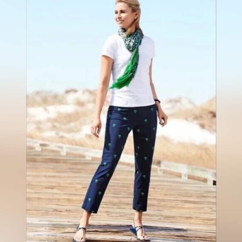 Talbots Navy Pants with Green Palm Tree Print